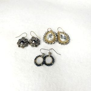 Three Pairs of Gold Gray Rhinestone Bead Earrings